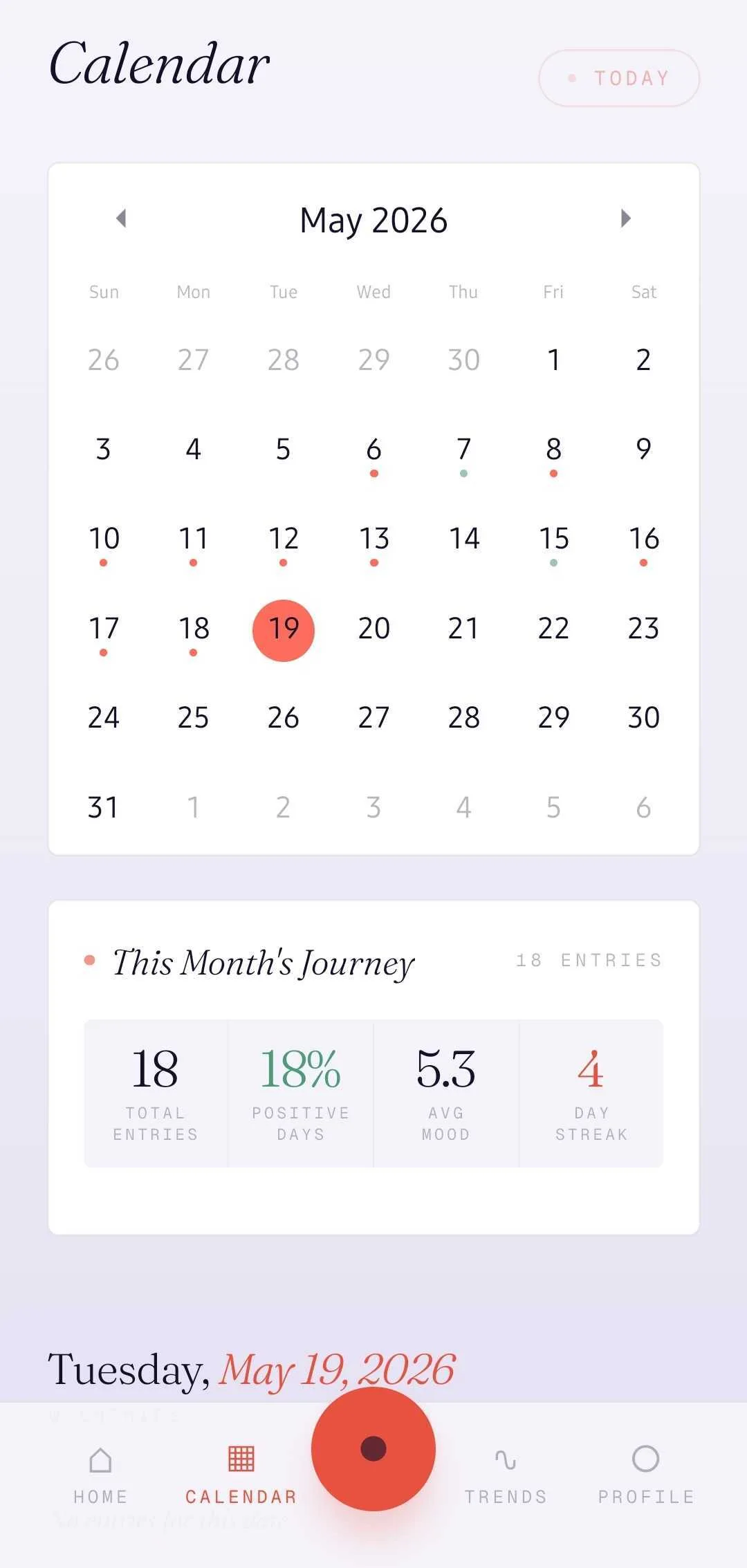 Mirova Calendar - View your monthly emotional patterns