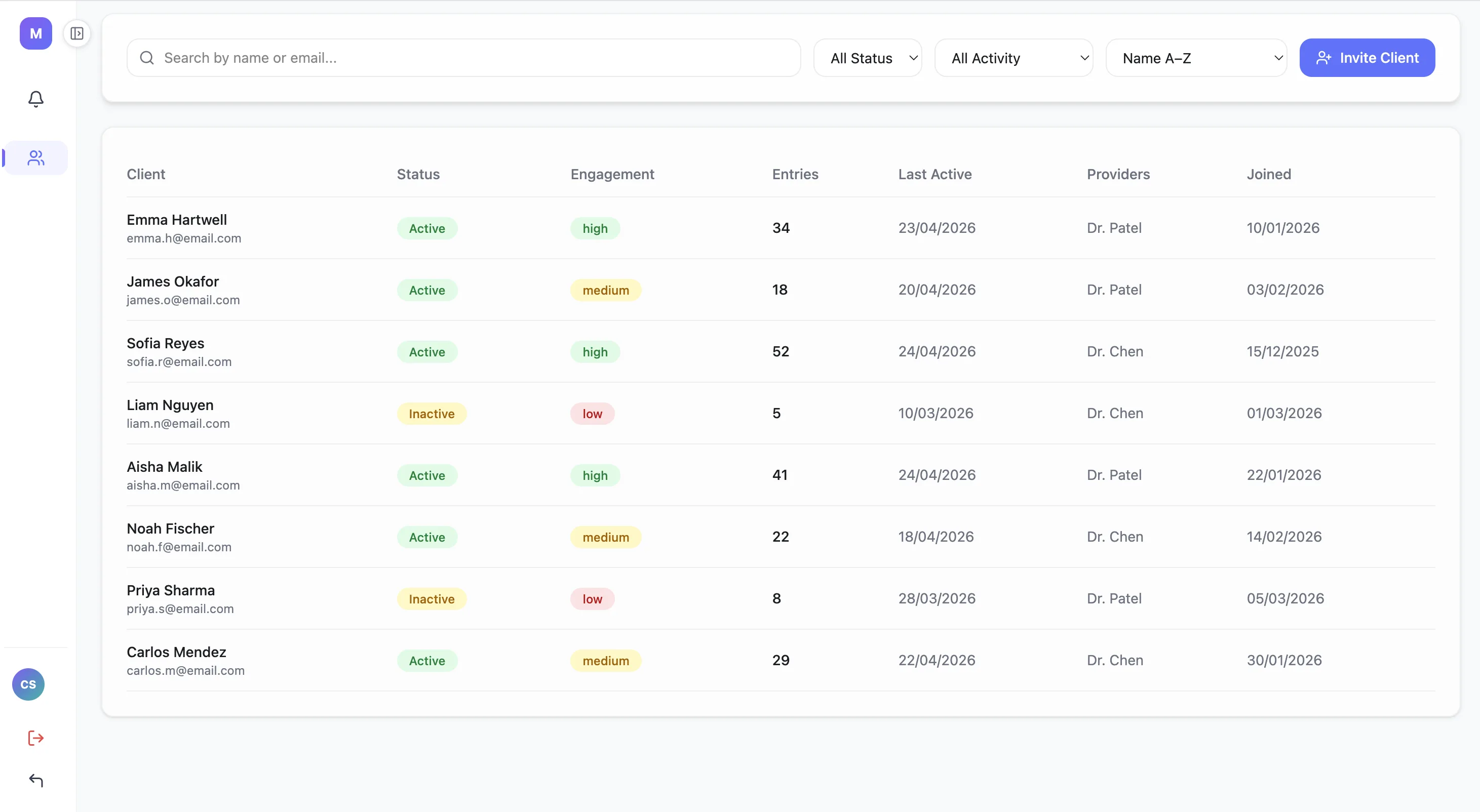 Mirova client list dashboard
